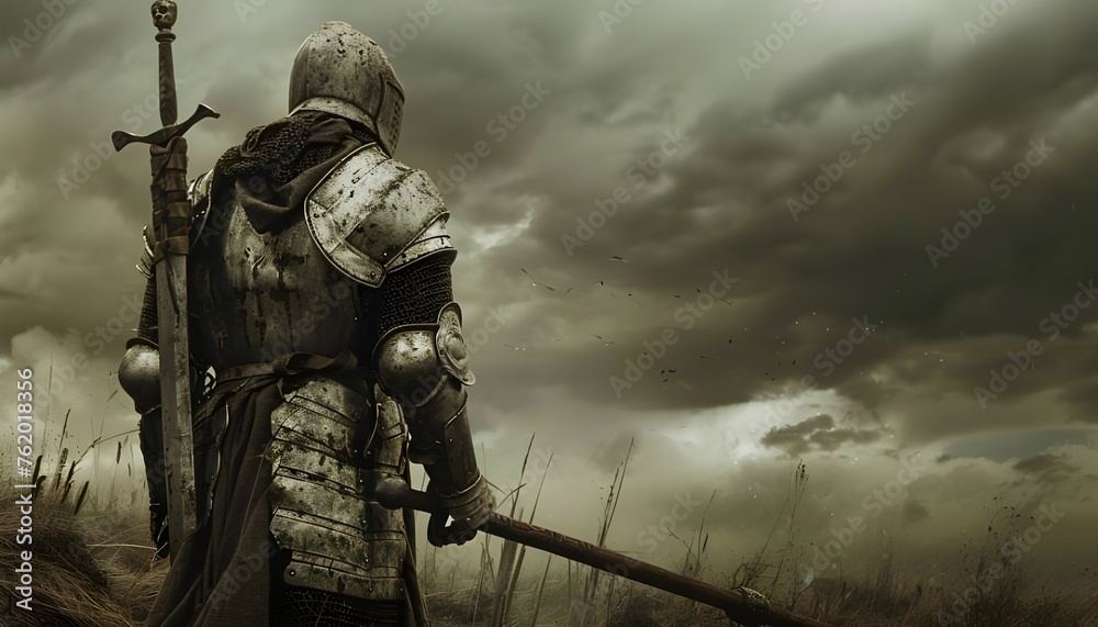 Knight armed with spear or sword in the background of the battlefield - obrazy, fototapety, plakaty 