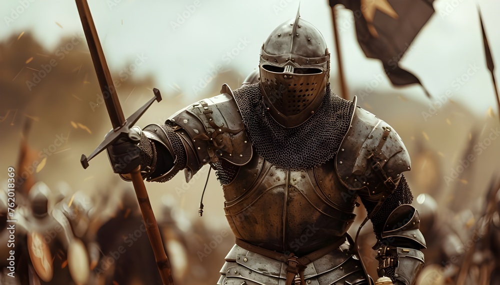 Knight armed with spear or sword in the background of the battlefield Knight armed with spear or sword in the background of the battlefield