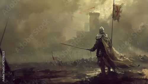 Knight armed with spear or sword in the background of the battlefield