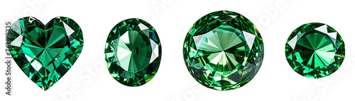 green gems stone collection, heart, round, oval shape gloving diamond stones, isolated on transparent background, icons logo vector png photo
