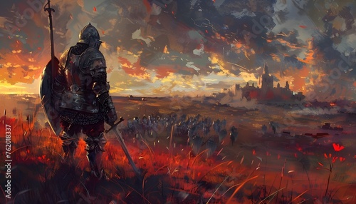 Knight armed with spear or sword in the background of the battlefield photo