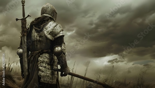 Knight armed with spear or sword in the background of the battlefield photo