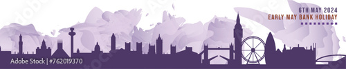 Early May Bank Holiday in Uk, England banner with cities skyline, panorama. Flat vector celebration graphic, layout for footer, steamer, header