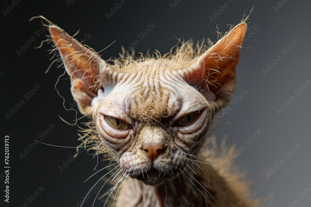 Close up of ugly angry looking cat with large eyes and sparse fur on dark background - obrazy, fototapety, plakaty 