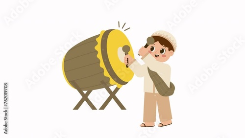 Happy Muslim Boy Beating Drum Bedug Animation