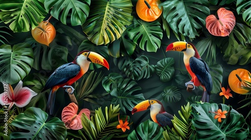 Tropical floral and bird pattern background