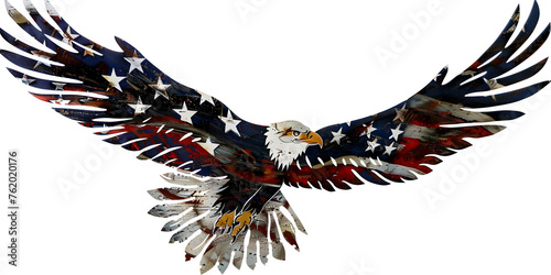 An flag background is displayed on a bald eagle in the style of aggressive, 
