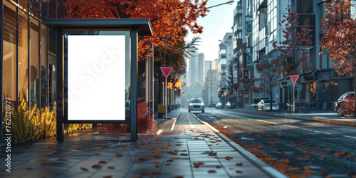A blank white billboard  at bus stop on street  for advertising mockups and urban city concepts and presentations.Mock up Billboard Media Advertising Poster banner template at Bus Station city street