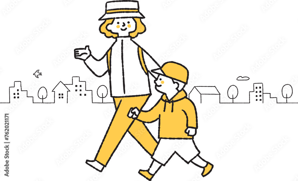 帽子をかぶって出かける男の子と母親