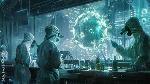 A group of scientists in white lab coats are working on a project involving a virus. The atmosphere is serious and focused, as the scientists are trying to find a solution to the problem