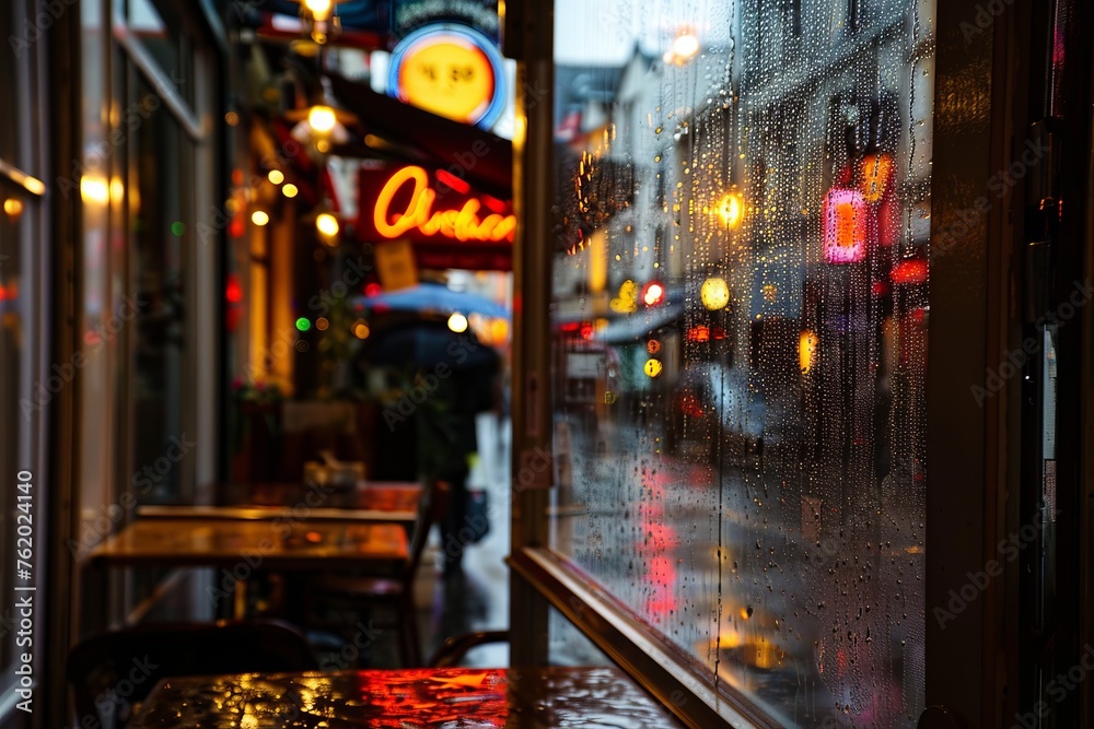 Peer out from the window of a cozy café onto a rain-soaked street, the neon signs and flickering lights casting a warm glow in the darkness, Generative AI Peer out from the window of a cozy café onto a rain-soaked street, the neon signs and flickering lights casting a warm glow in the darkness, Generative AI