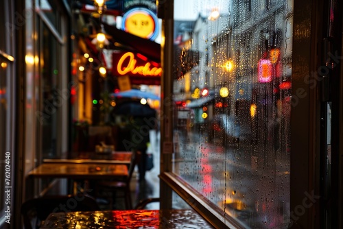 Peer out from the window of a cozy café onto a rain-soaked street, the neon signs and flickering lights casting a warm glow in the darkness, Generative AI