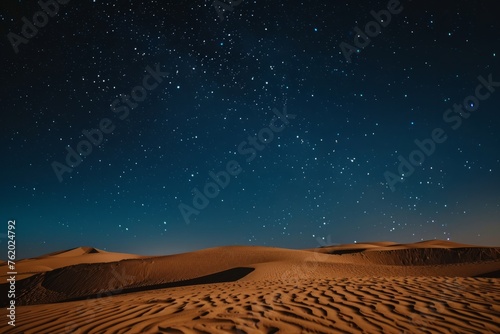 Peer out over a vast desert landscape under the cover of darkness, the stars twinkling overhead and casting a soft glow on the sandy terrain, Generative AI