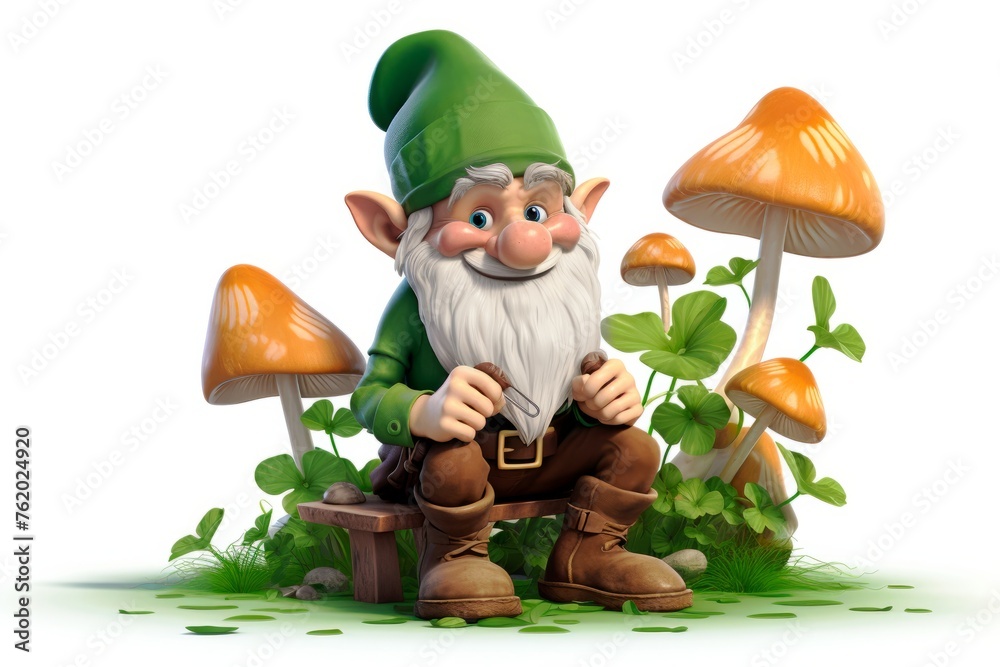 Obraz premium A cheerful gnome sits surrounded by shamrocks and mushrooms on a white background. St.Patrick 's Day. Illustrations for children's books.