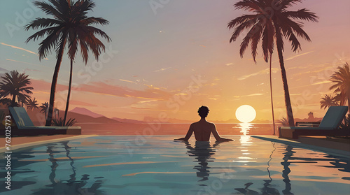 generative ai Black silhouette of asian woman splash water on summer vacation holiday relaxing in infinity swimming pool with blue sea sunset view. Healthy happiness lifestyle. © sajid