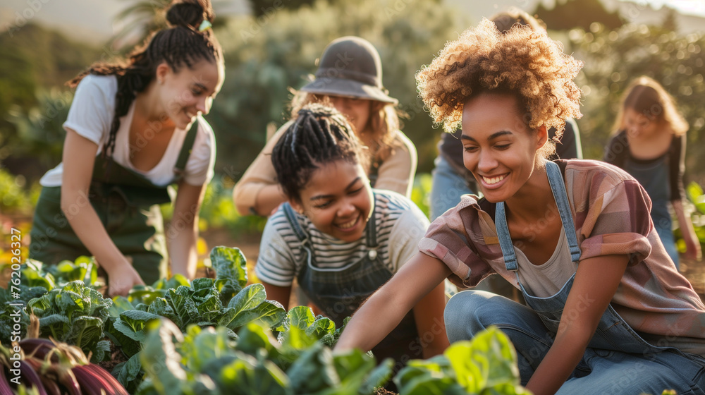 Fototapeta premium Young smiling girl working at garden and digging out fresh green lettuce, garden expert is teaching group of teenage student.