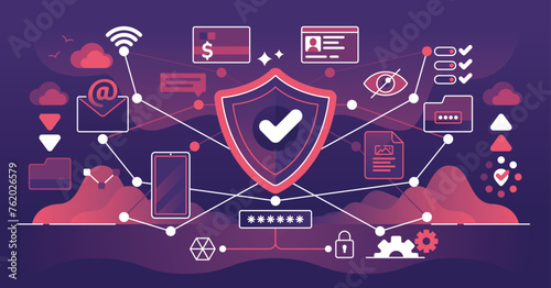 Illustration concept of Network Security, featuring VPN, Firewall, Cloud Protection, Data Safety, and Risk Prevention in a secure environment.