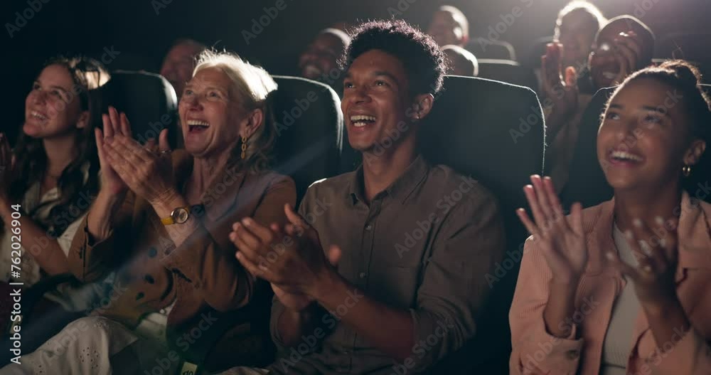 Happy, people and laugh in cinema with applause for good movie or success, approval and celebration for film premiere. Audience, clapping hands and cheer in theatre for joy, experience and diversity.