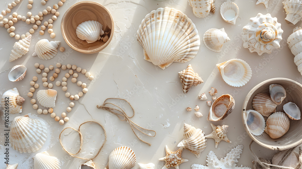 A top view of a beach - themed crafting table with seashells, beads, and string, arranged on a light surface. A top view of a beach - themed crafting table with seashells, beads, and string, arranged on a light surface.