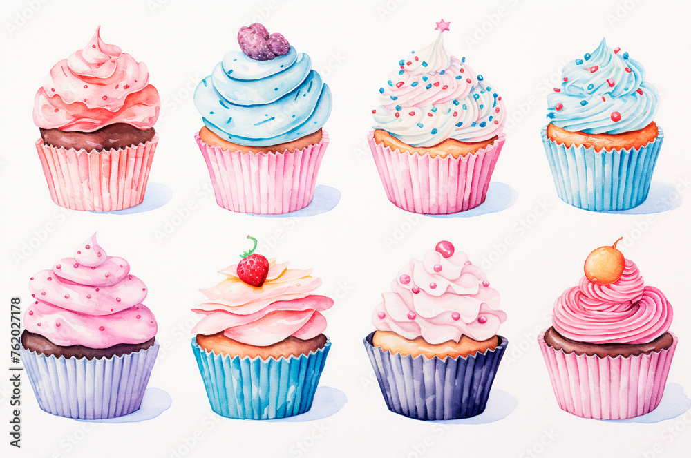 Set of watercolor cupcakes. Mother's Day card. Confectioner Set of watercolor cupcakes. Mother's Day card. Confectioner