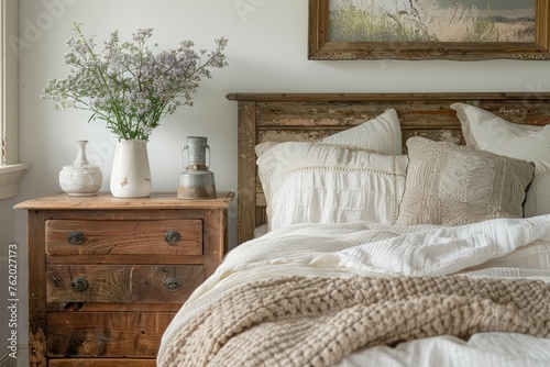 Close up of rustic bedside table lamp near bed with wood headboard. French country, farmhouse, provence interior design of modern bedroom.