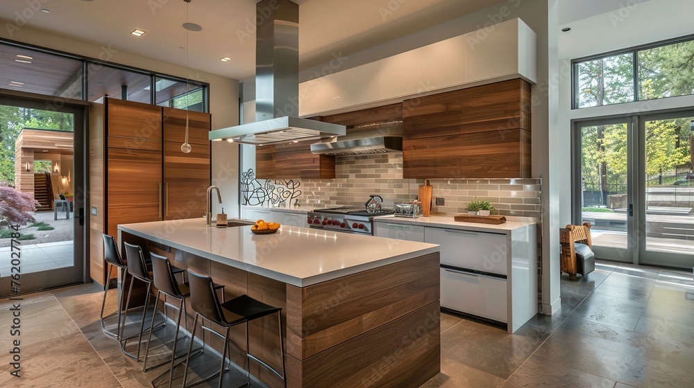 A modern kitchen with a sleek backsplash, a large island, and a mix of wood and white finishes.
