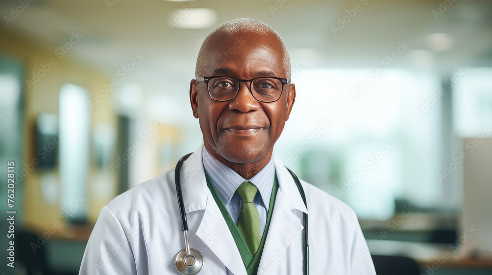 Portrait of a smiling dark-skinned elderly African American doctor man with a stethoscope in a medical hospital with modern equipment. Portrait of a smiling dark-skinned elderly African American doctor man with a stethoscope in a medical hospital with modern equipment.