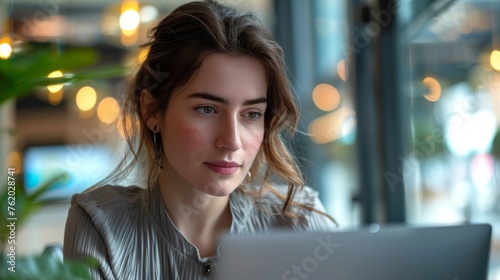 A woman entrepreneur in a modern office dressed formally works Concentrate and use your thoughts. with computer laptop papers and financial reports