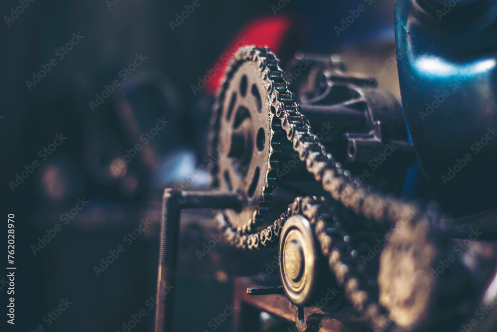 Mechanic tools engineering equipment car auto repair shop with copy space. Blurred background mechanical service. Heavy screw grungy rusted wrenches dirty screwdriver object. Industrial hardware set - obrazy, fototapety, plakaty 