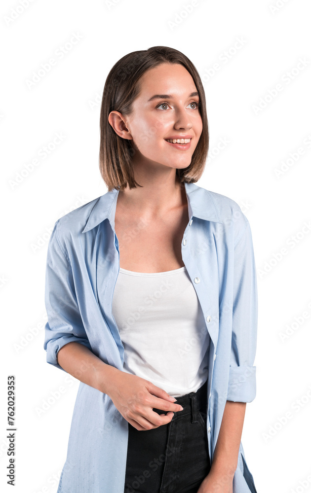 A young woman in casual clothing smiling and looking away on a white background, lifestyle portrait A young woman in casual clothing smiling and looking away on a white background, lifestyle portrait