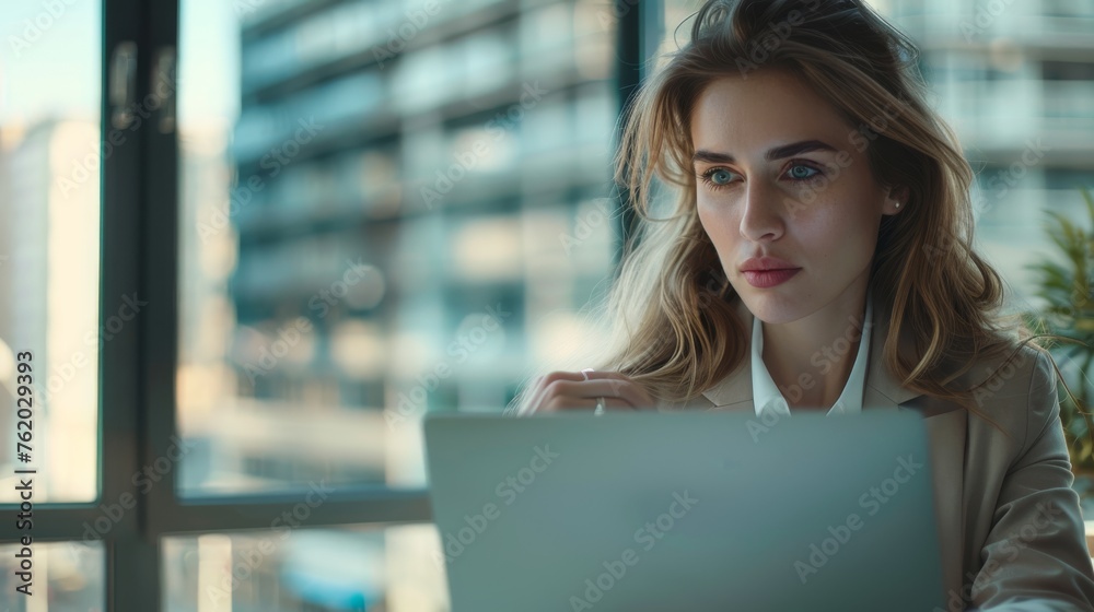 A woman entrepreneur in a modern office dressed formally works Concentrate and use your thoughts. with computer laptop papers and financial reports A woman entrepreneur in a modern office dressed formally works Concentrate and use your thoughts. with computer laptop papers and financial reports