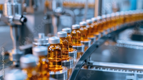 Medical vials on production line at pharmaceutical factory  Pharmaceutical machine working pharmaceutical glass bottles production line  health care  pandemic.