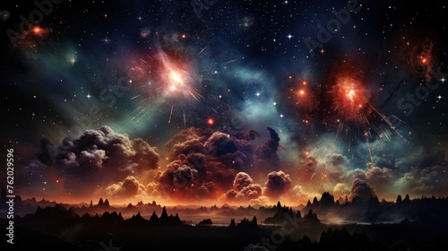 A painting of a sky with fireworks in the background