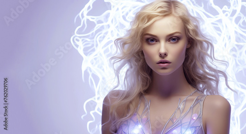 Glowing Beauty. Portrait of a Beautiful Blonde Girl with Neon Fiberoptic Neuron Design. White and Purple on a White Background.