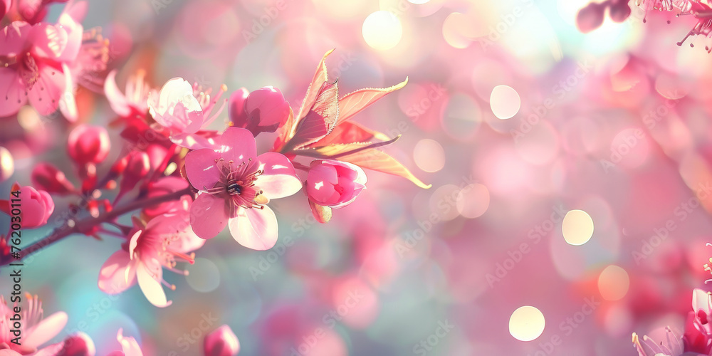 Spring background with pink cherry blossoms on blurred bokeh lights background. Springtime banner template, pink sakura
