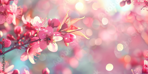 Spring background with pink cherry blossoms on blurred bokeh lights background. Springtime banner template, pink sakura