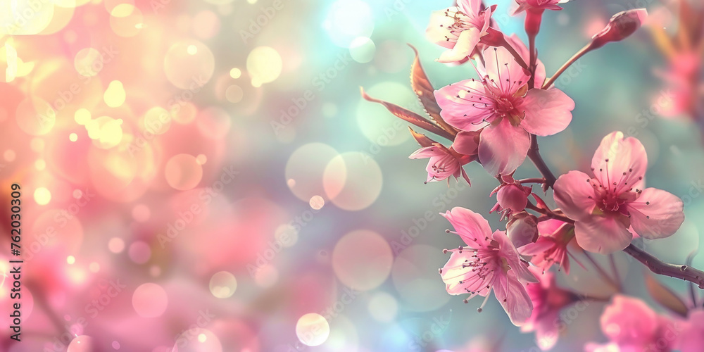 Spring background with pink cherry blossoms on blurred bokeh lights background. Springtime banner template 