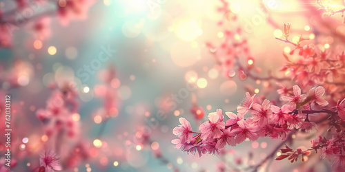 Spring background with pink cherry blossoms on blurred bokeh lights background. Springtime banner template 