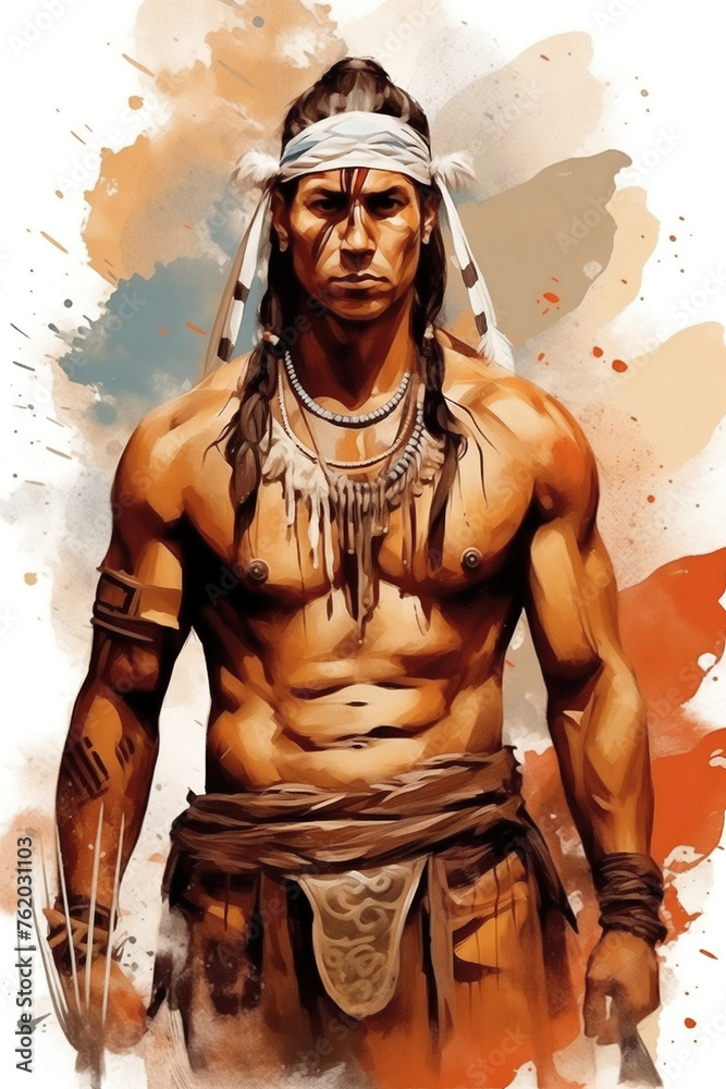 Watercolor sketch. Portrait of ferocious athletic North American Indian warrior