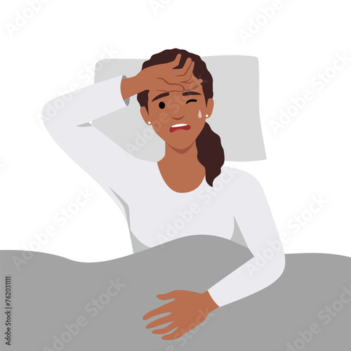 Shocked woman lying in bed at home. Astonished woman peeks out from blanket. Girl woke up in horror after nightmare in dream. Insomnia. Flat vector illustration isolated on white background