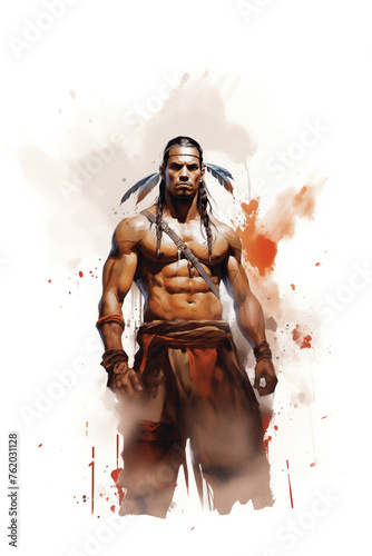Watercolor sketch. Portrait of ferocious athletic North American Indian warrior