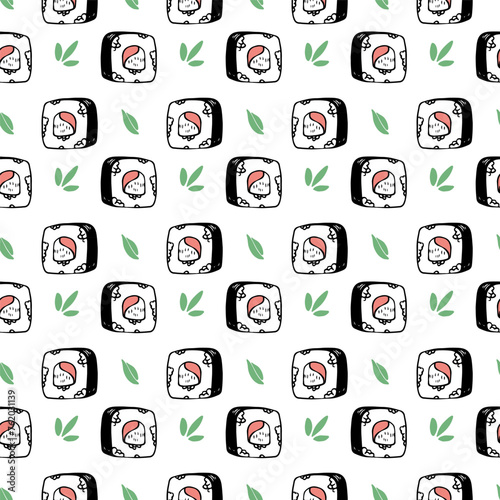 Japanese maki sushi vector seamless pattern line art design on white background