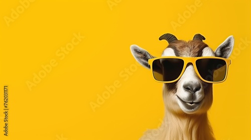 goat wearing sunglasses on a yellow background
