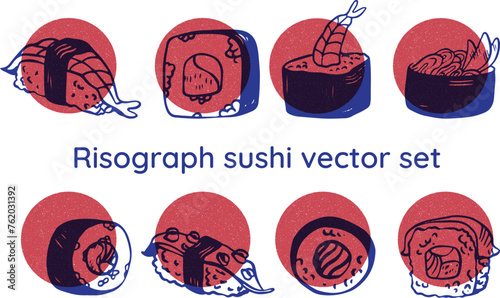 Risograph style vector set of sushi rolls maki nigiri gunkan icons isolated on white background