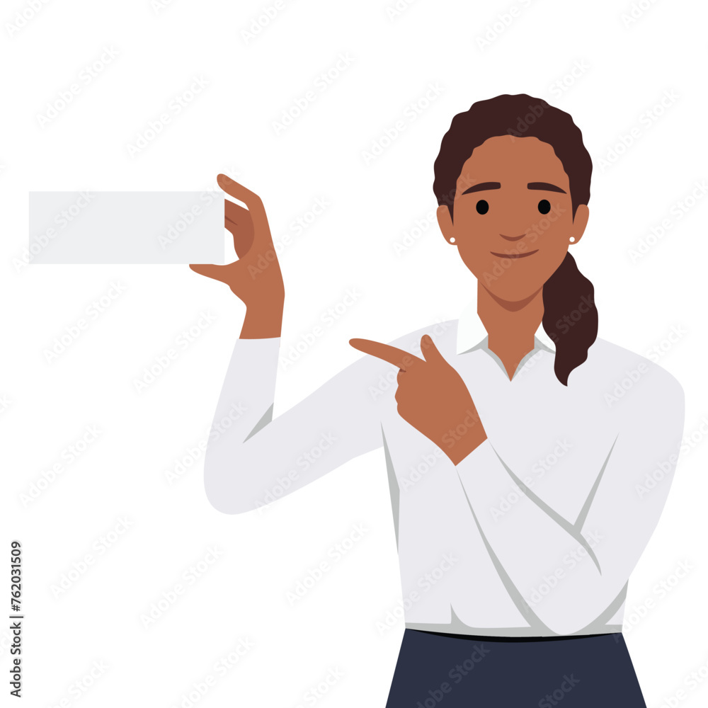 Young woman points blank paper for placeholder. Flat vector illustration isolated on white background Young woman points blank paper for placeholder. Flat vector illustration isolated on white background