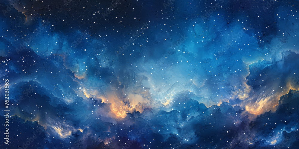  blue gradient watercolor Starry sky background, dark blue Watercolor  galaxy background with stars and nebulae, Blue watercolor space ,banner - obrazy, fototapety, plakaty 