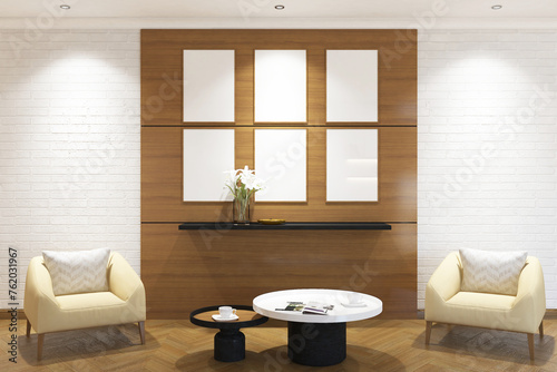 3d rendering interior scandinavian of guest room with wood panel, armchair, coffee table and 6 frames mock up. White brick wall and light wood panel background. Set 10