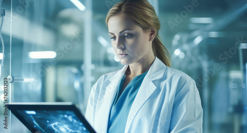 Doctor woman in a modern bright room in a medical hospital with modern equipment, new technologies.