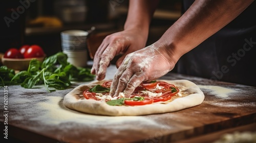 close up of chef making delicious pizza