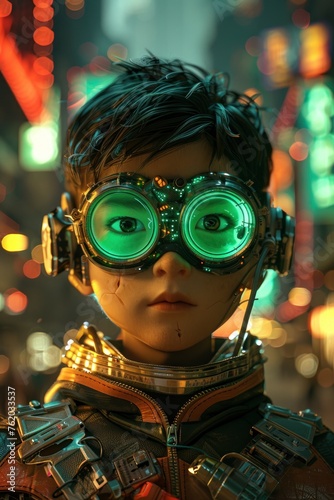 A young girl wearing a green and orange space suit with goggles on her face. The girl is looking at the camera